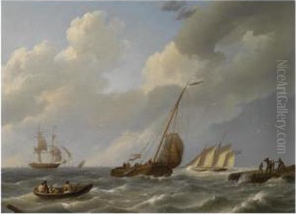 Dutch And British Boats On Choppy Waters Oil Painting by Johannes Hermanus Koekkoek