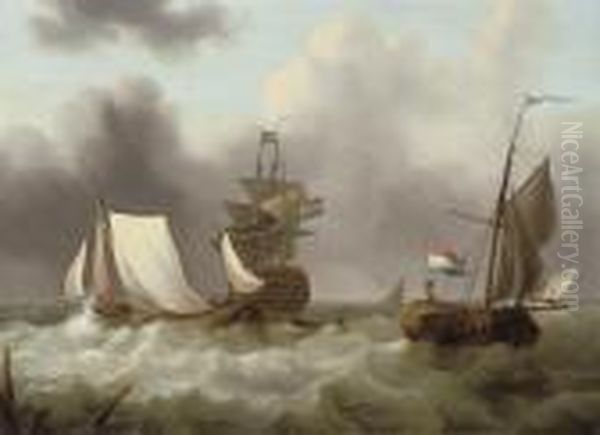 Dutch Shipping In A Heavy Swell Off The Coast Oil Painting by Johannes Hermanus Koekkoek