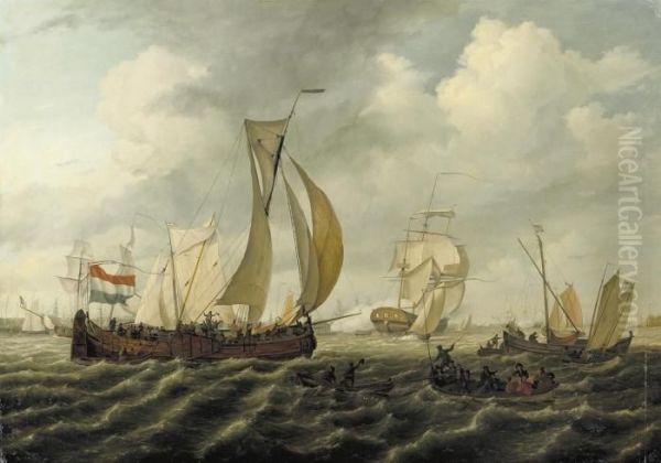 Gesigt Op Amsterdam: 
Sailing-freights On The Ij, With Thewestertoren In The Distance, 
Amsterdam Oil Painting by Johannes Hermanus Koekkoek