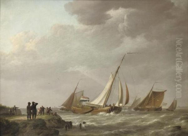 Barges On Choppy Water by Johannes Hermanus Koekkoek