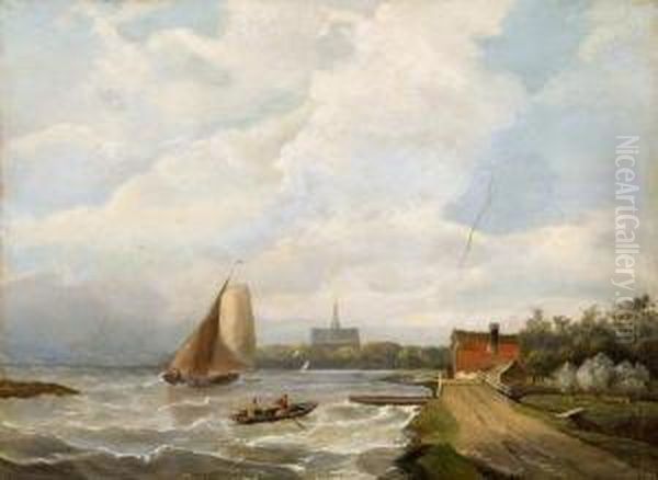 Harbour Scene With Stormy Sea Oil Painting by Johannes Hermanus Koekkoek