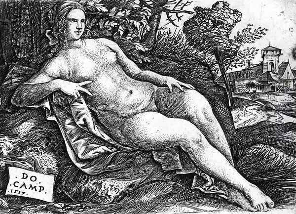 Venus Reclining in a Landscape, 1517 Oil Painting by Domenico Campagnola