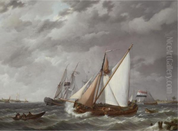 Sailing Boats On A Choppy Sea Oil Painting by Johannes Hermanus Koekkoek