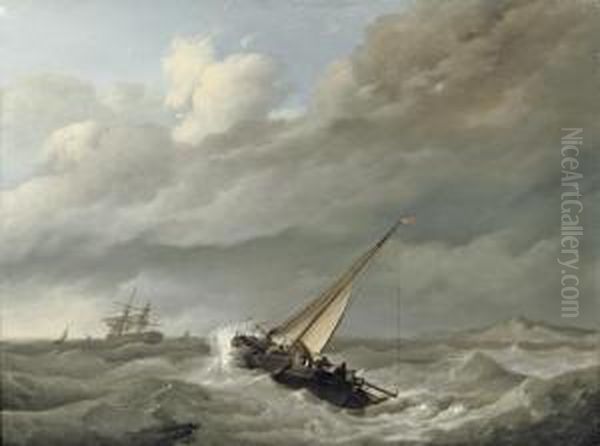 Shipping In Choppy Sea Before A Rocky Coast Oil Painting by Johannes Hermanus Koekkoek