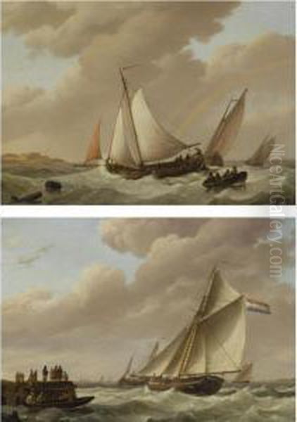 Sailing Ships Approaching The Harbour; Sailing In Choppy Waters (a Pair) Oil Painting by Johannes Hermanus Koekkoek