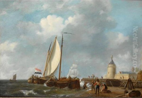 Barges Off A Jetty Oil Painting by Johannes Hermanus Koekkoek