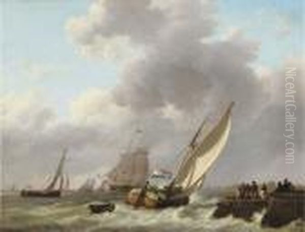 A Busy Day On The Water Near A Jetty Oil Painting by Johannes Hermanus Koekkoek