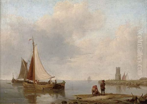 Barges In A Calm Off The Dutch Coast Oil Painting by Johannes Hermanus Koekkoek