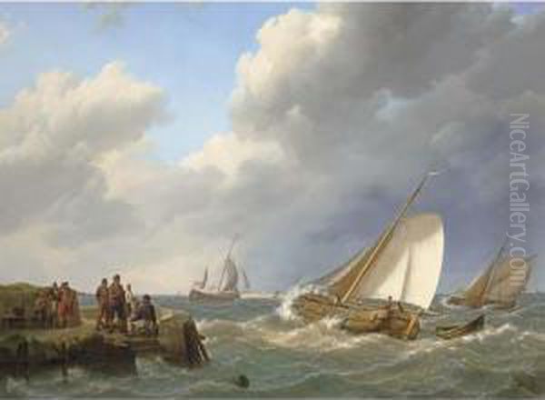 Shipping Off The Coast, Zeeland Oil Painting by Johannes Hermanus Koekkoek