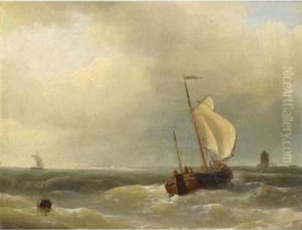 Shipping In Choppy Seas; A Fishing Boat Moored At A Quay (a Pair) Oil Painting by Johannes Hermanus Koekkoek