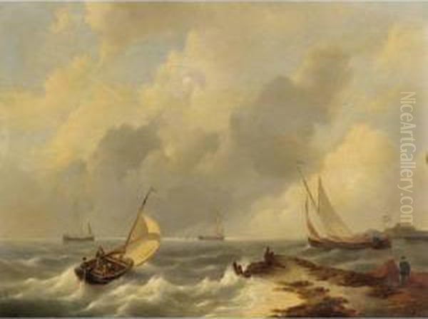 Shipping Off The Coast Oil Painting by Johannes Hermanus Koekkoek