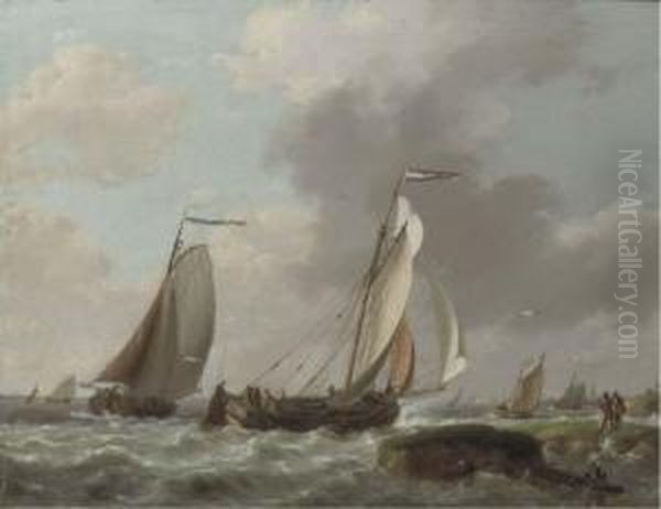 Shipping By A Coast In A Brisk Wind Oil Painting by Johannes Hermanus Koekkoek