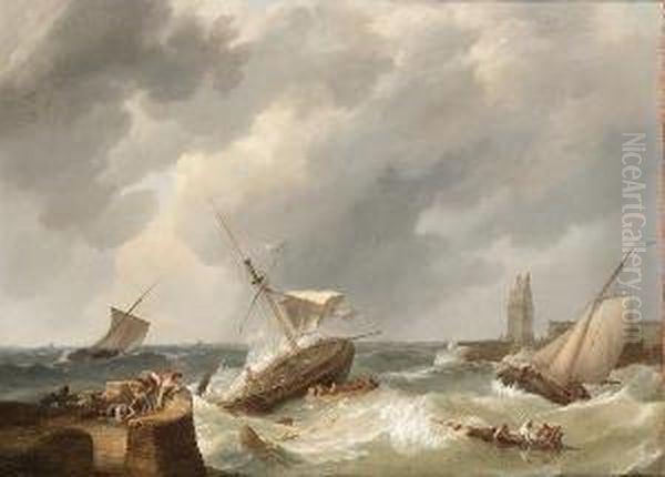 At The Harbour Mouth Oil Painting by Johannes Hermanus Koekkoek