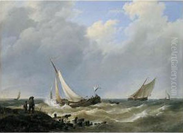 Boats In Stormy Seas Oil Painting by Johannes Hermanus Koekkoek