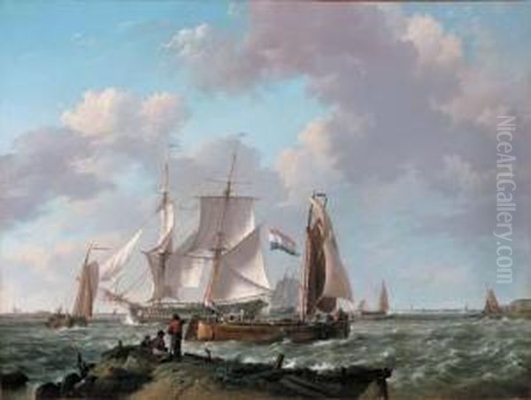 Ships In A Squall With Figures On The Shore Oil Painting by Johannes Hermanus Koekkoek