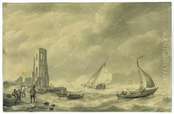 Shipping In A Strong Wind, With A Ruined Churchtower On Theshore Oil Painting by Johannes Hermanus Koekkoek