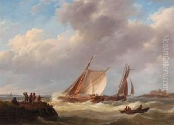 Fishermen On A Jetty Overlooking A River Estuary, A Castlebeyond Oil Painting by Johannes Hermanus Koekkoek