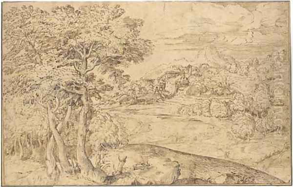 An extensive landscape with shepherds and their flocks below a town Oil Painting by Domenico Campagnola