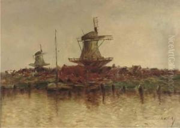 Windmills Along A River Oil Painting by Stephen Robert Koekkoek