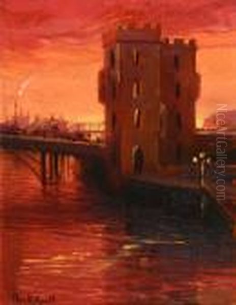 Bridge With Crenellated Tower At Sunset Oil Painting by Stephen Robert Koekkoek