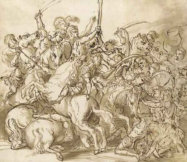 A battle scene Oil Painting by Domenico Campagnola