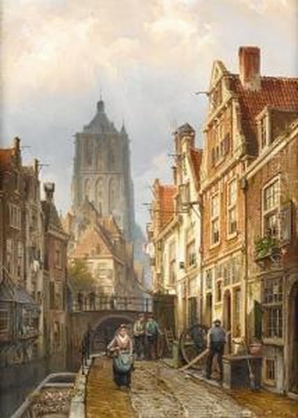 Dutch Street Scene By A Canal Oil Painting by Willem Koekkoek