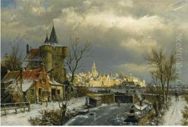 Figures On A Frozen Canal, Naarden In The Background Oil Painting by Willem Koekkoek