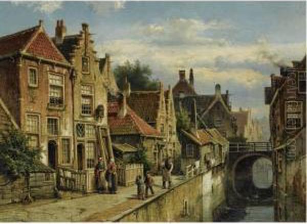 Figures On A Quay In A Sunlit Town, Possibly Haarlem Oil Painting by Willem Koekkoek