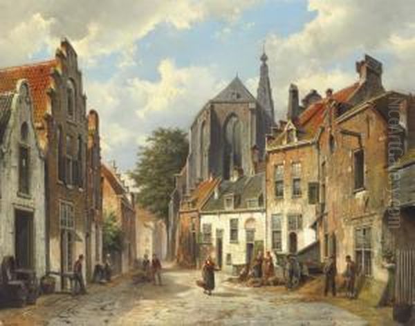 Townspeople On A Sunny Dutch Street Oil Painting by Willem Koekkoek