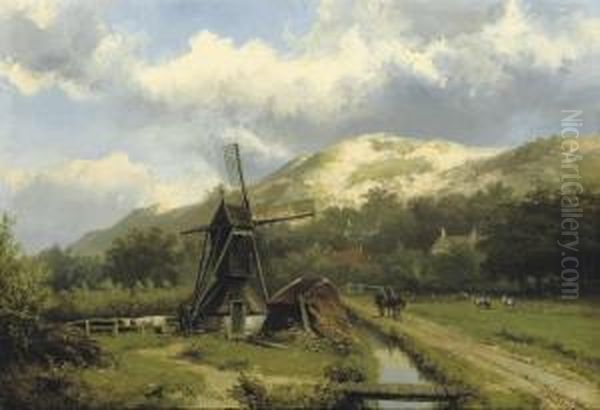 A Windmill In A Dune Landscape Oil Painting by Willem Koekkoek