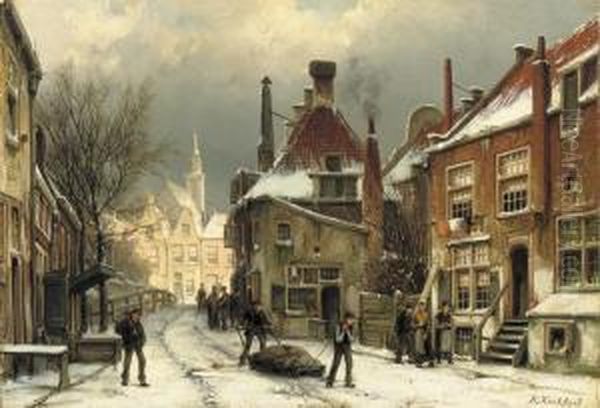 Villagers On A Snow-covered Street Oil Painting by Willem Koekkoek