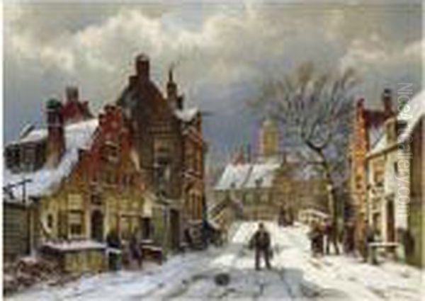 Figures In The Streets Of A Wintry Dutch Town Oil Painting by Willem Koekkoek