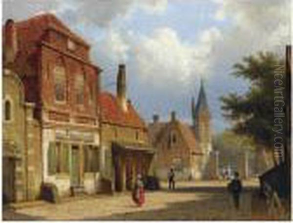 Figures In The Sunlit Streets Of A Dutch Town Oil Painting by Willem Koekkoek