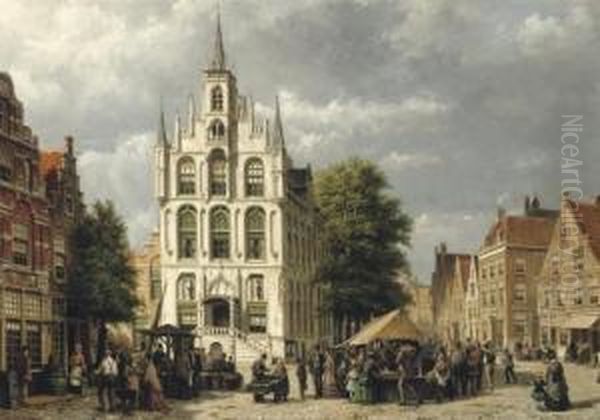 Marketday In Front Of The Townhall, Gouda Oil Painting by Willem Koekkoek