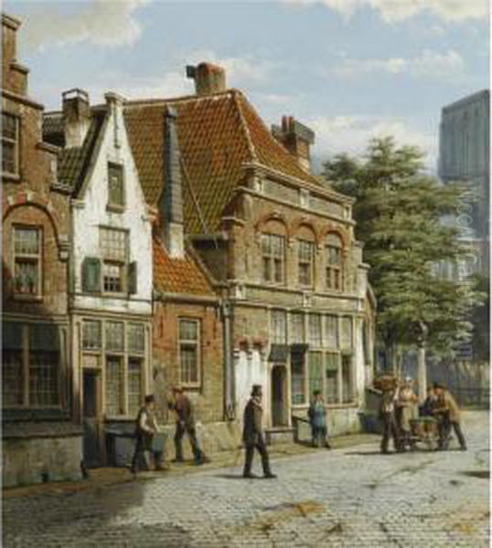 Dutch Street With A Church Tower Oil Painting by Willem Koekkoek