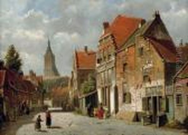 A Sunlit Street In A Dutch Town Oil Painting by Willem Koekkoek