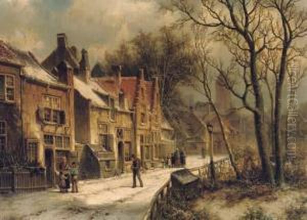 Villagers In A Snow-covered Dutch Town Oil Painting by Willem Koekkoek