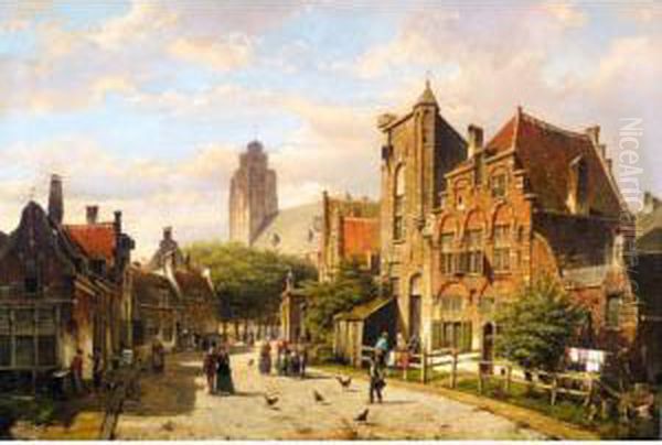 A Dutch Street Oil Painting by Willem Koekkoek