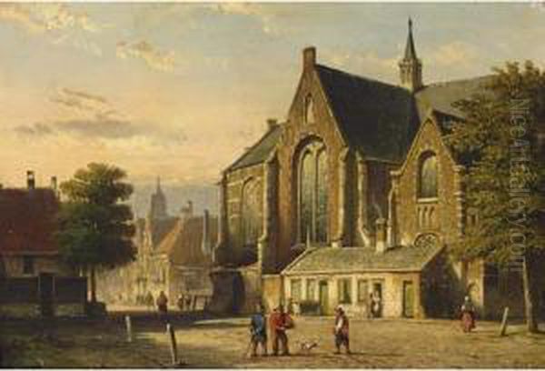 Figures On A Square In Front Of A Church Oil Painting by Willem Koekkoek