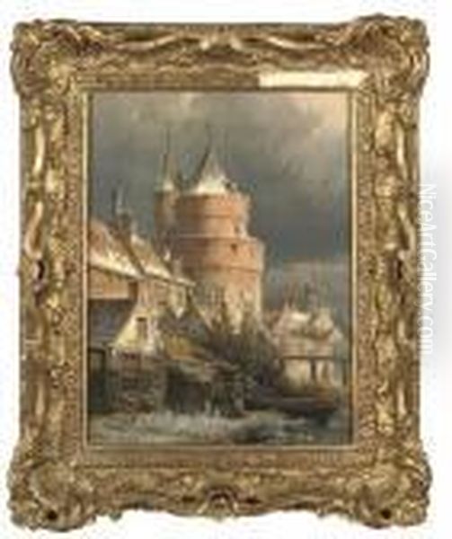 A Castle Tower In A Frozen Winter Landscape Oil Painting by Willem Koekkoek