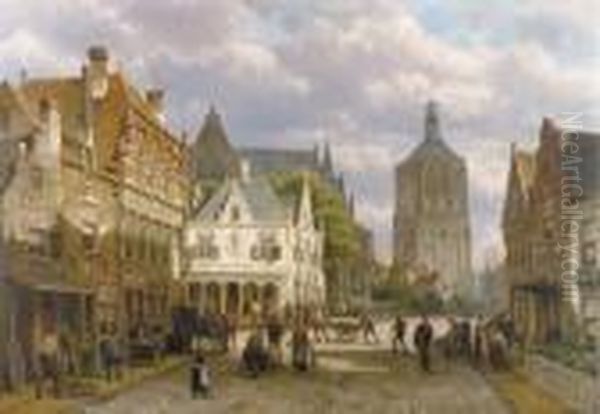 A Capriccio View Of A Sunlit Town Square With Numerousfigures Oil Painting by Willem Koekkoek