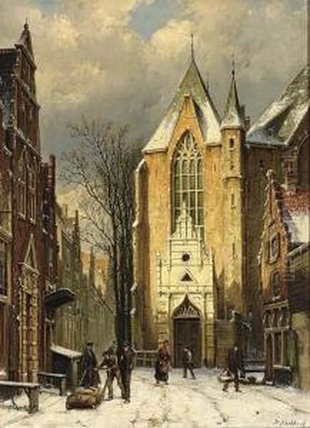 Wintry View Of The Westerstraat With The Westerkerk Enkhuizen Oil Painting by Willem Koekkoek