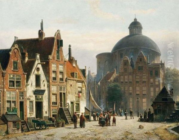 A Street Scene In Amsterdam, The Lutherse Kerk In The Background Oil Painting by Willem Koekkoek