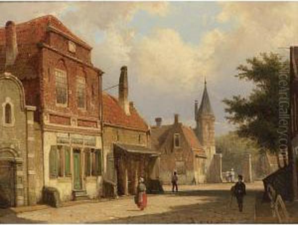 Villagers In The Streets Of A Sunlit Dutch Town Oil Painting by Willem Koekkoek