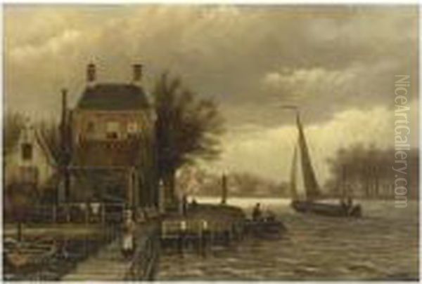 Figures By A Town On The Waterfront Oil Painting by Willem Koekkoek