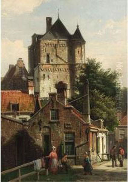 Figures In The Streets Of Harderwijk Oil Painting by Willem Koekkoek