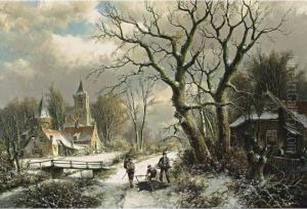 Faggot Gatherers On A Snow Covered Path Oil Painting by Willem Koekkoek