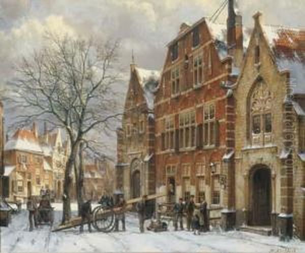 Winter: Daily Activities On A Sunny Day In Oudewater Oil Painting by Willem Koekkoek