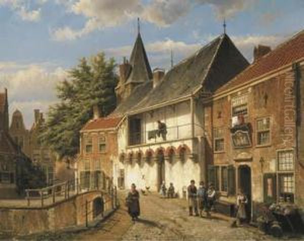 Dutch Street With Figures By An Inn By A Bridge Oil Painting by Willem Koekkoek