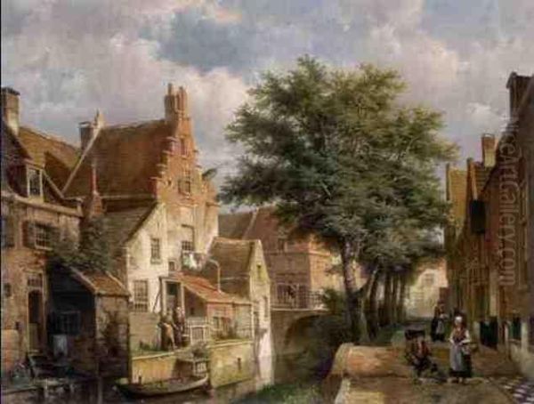 Figures Conversing In A Dutch Town Oil Painting by Willem Koekkoek